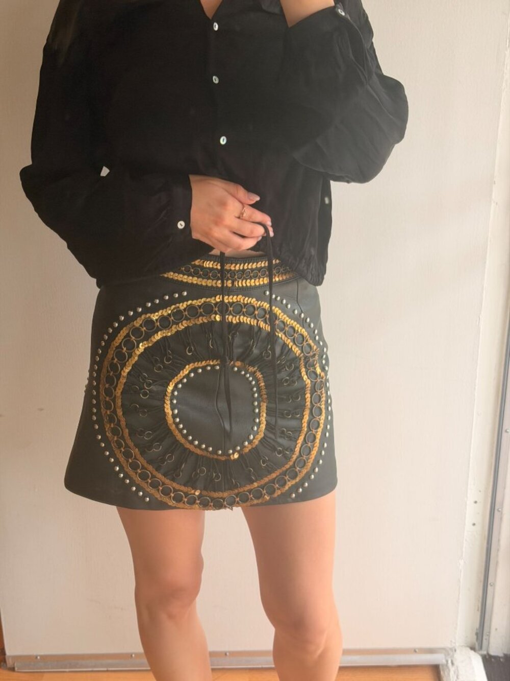 leather mini skirt embellished nasty gal XS gold sequin boho western - Picture 4 of 11